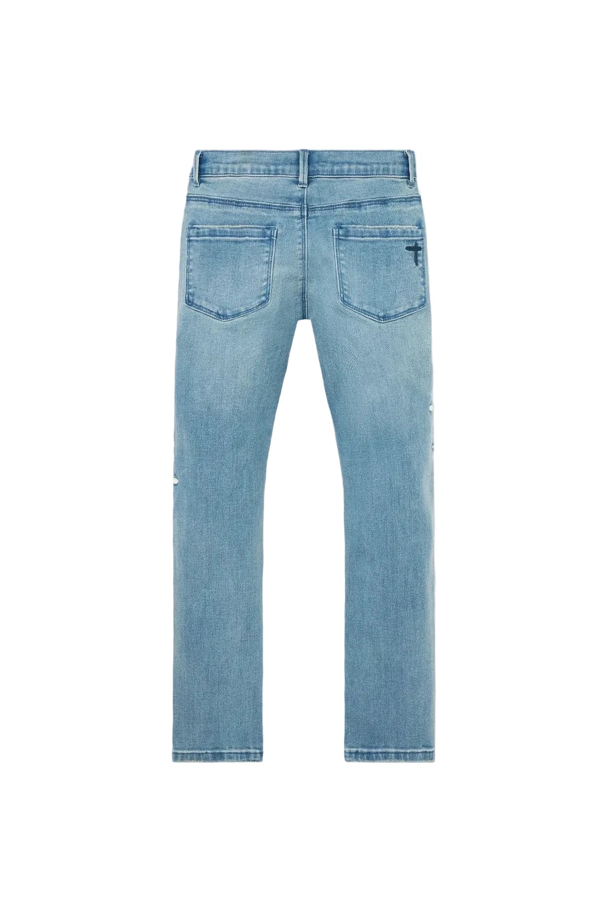 RtA Benson skinny jeans in Coastal Drift with embroidered cross patches and RtA logo on the back pocket.