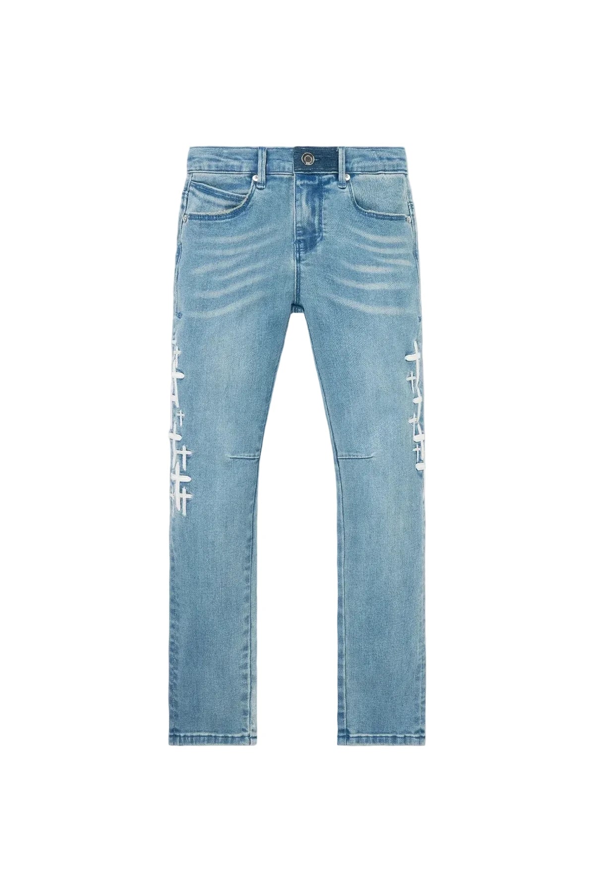 RtA Benson skinny jeans in Coastal Drift with embroidered cross patches and RtA logo on the back pocket.