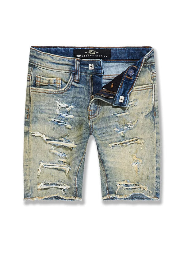  knee-length denim shorts with rip and repair detailing and crinkle effect