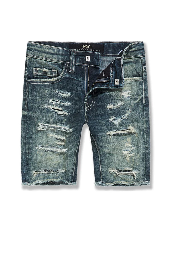  knee-length denim shorts with rip and repair detailing and crinkle effect