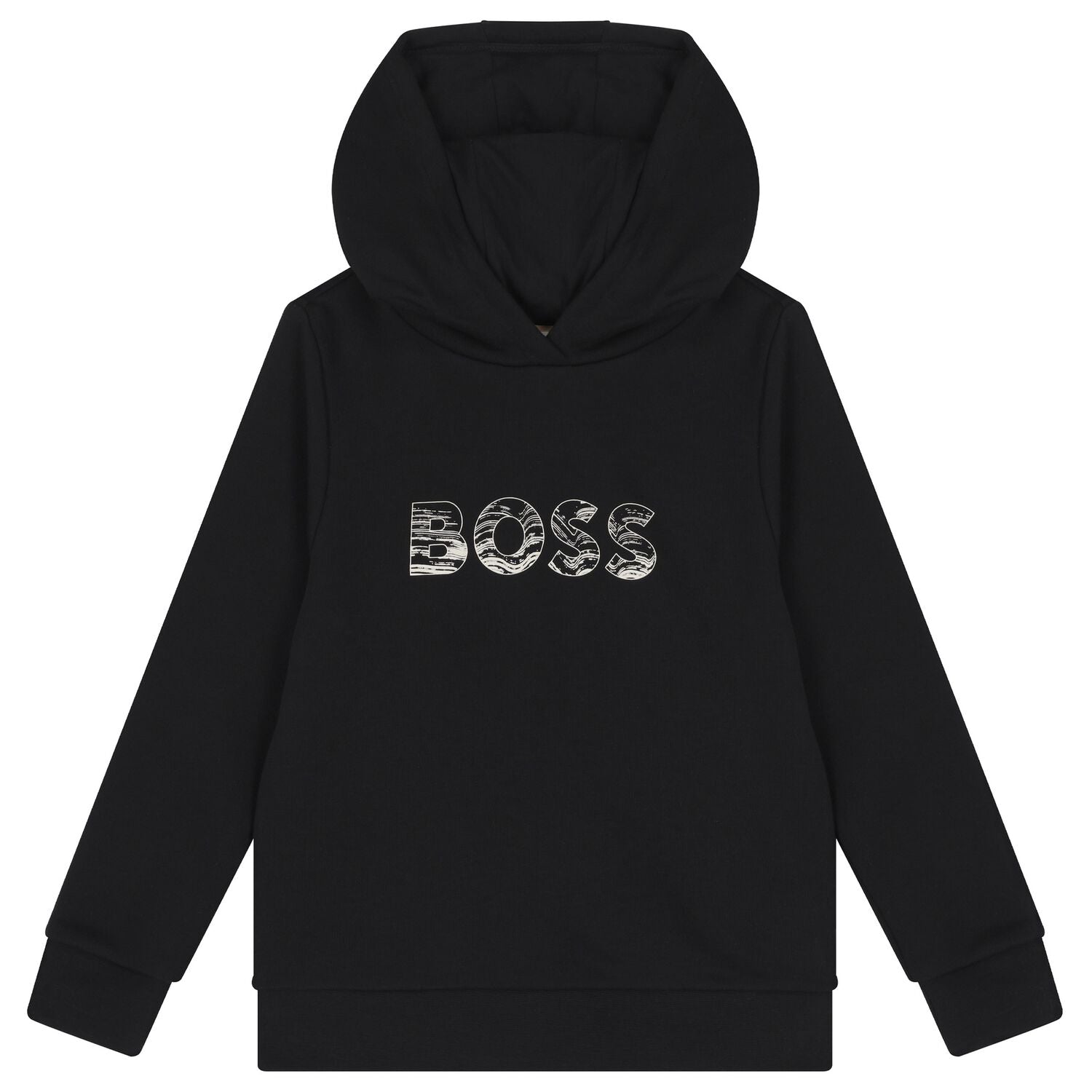 “BOSS Boys Black Logo Hooded Top: soft cotton-blend hoodie with ivory chest logo, ribbed trims, and hooded neckline. Stylish comfort for boys.”