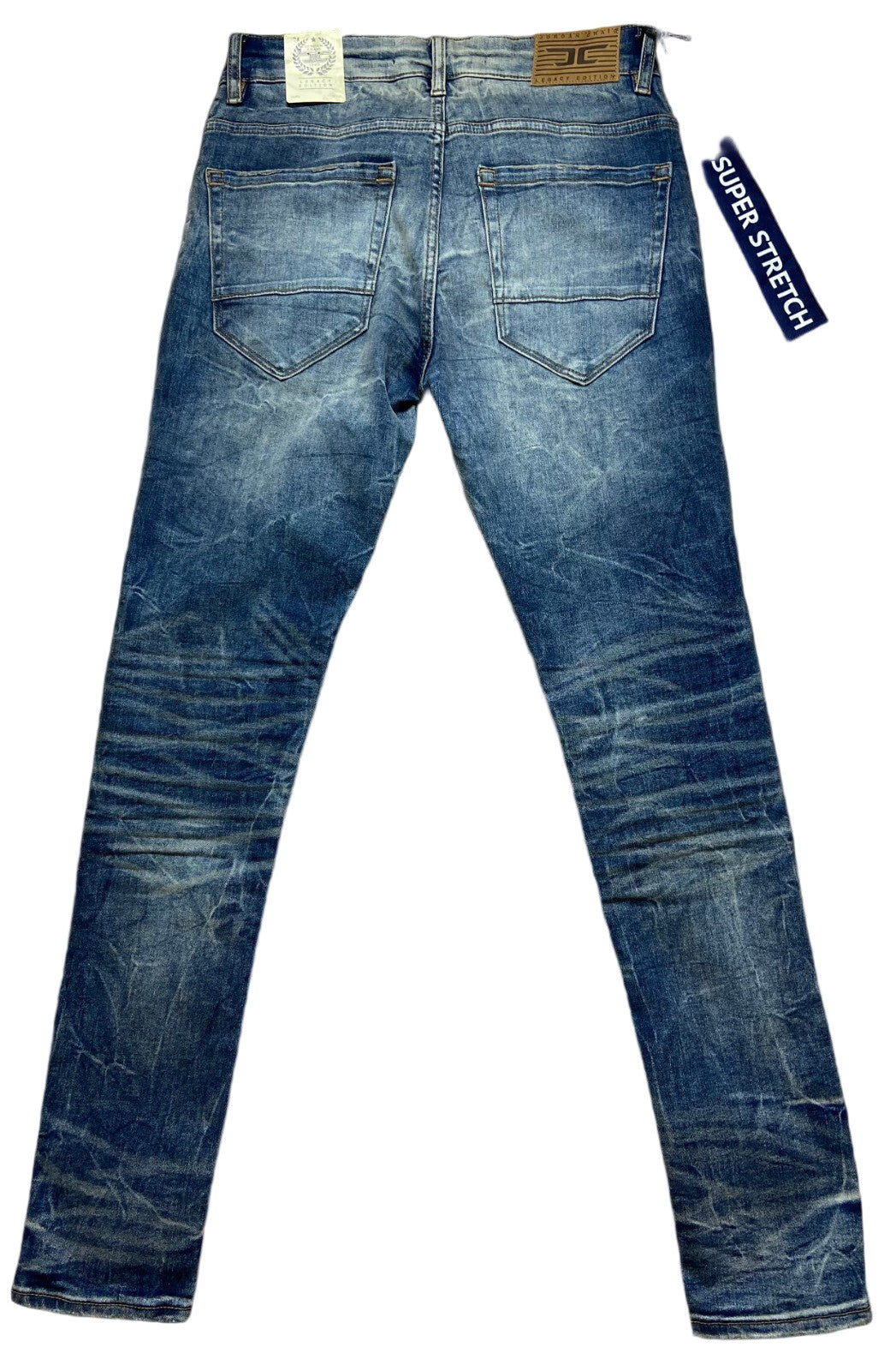 Blue jeans with 'Super Stretch' label on a black background