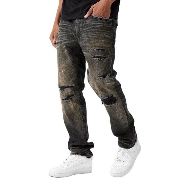 Sean Slim Taper Fit Jeans with super-stretch fabric, rip-and-repair detailing, and unique distressing