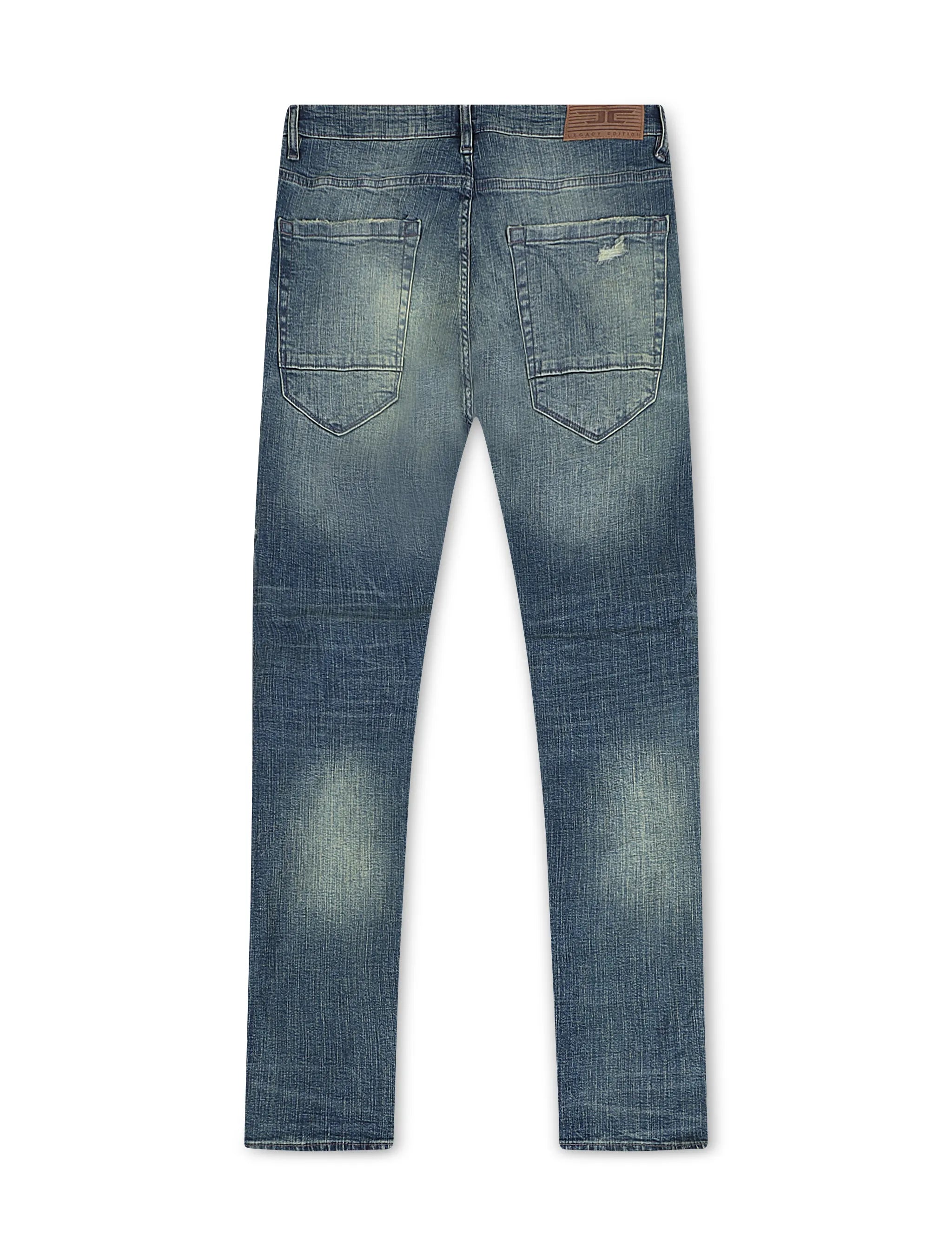 Extended-length flare denim pants with stacked leg, 3D baked wrinkles, and rip-and-repair detailing