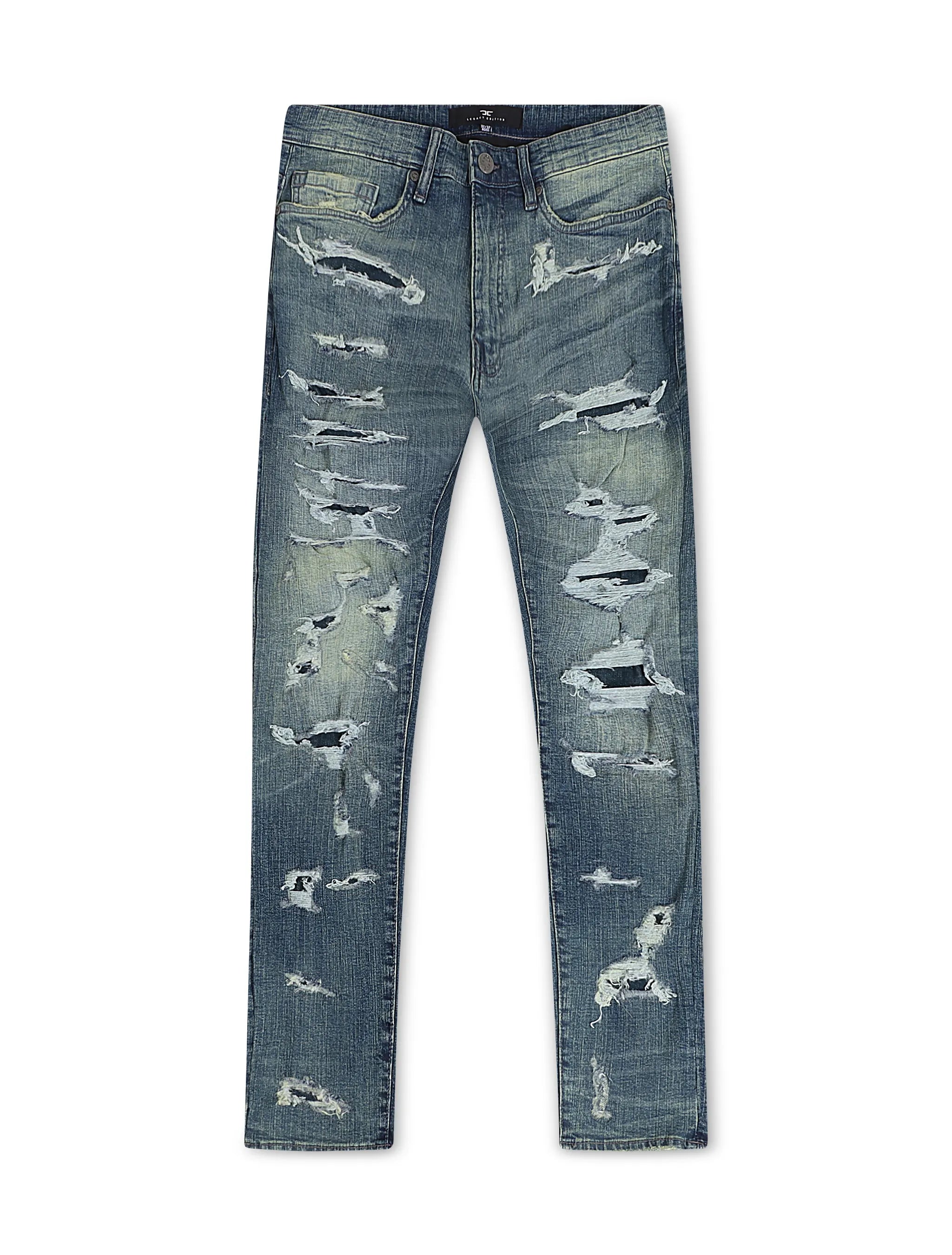 Extended-length flare denim pants with stacked leg, 3D baked wrinkles, and rip-and-repair detailing
