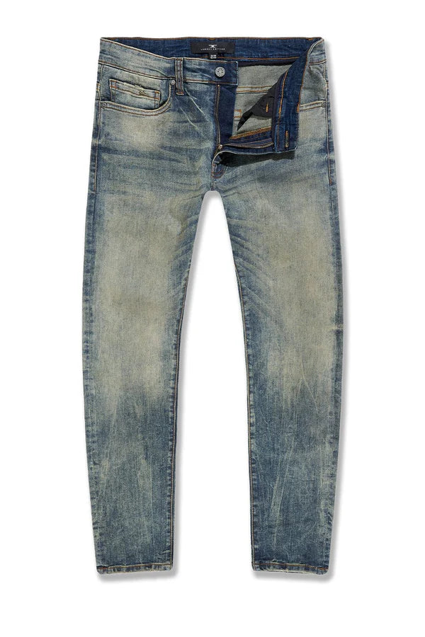 Jordan Craig Blinder Moto Denim Shorts with moto ribbing and distressed finish