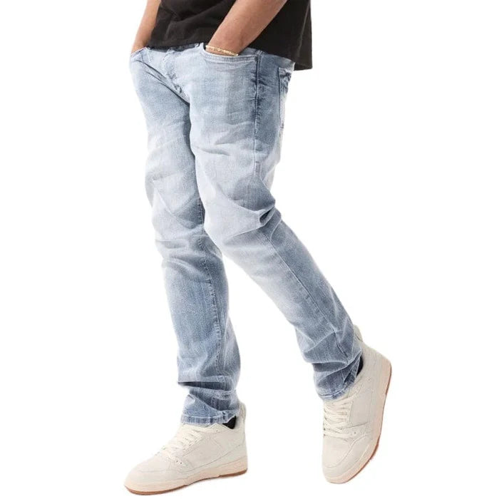 JC Ross Jeans in light sky-blue wash with slim tapered fit and classic 5-pocket design