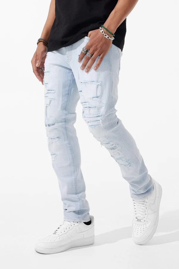 Sean Slim Taper Fit Jeans in Classic Stone Wash with crinkle-baked denim, rip-and-repair detailing, and vintage-inspired distressing