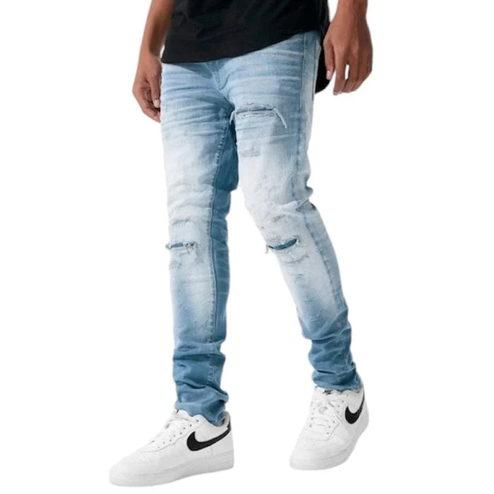 Sean Heartbreak Denim in Sea Storm wash with slim taper fit, rip-and-repair design, and unique distressing details