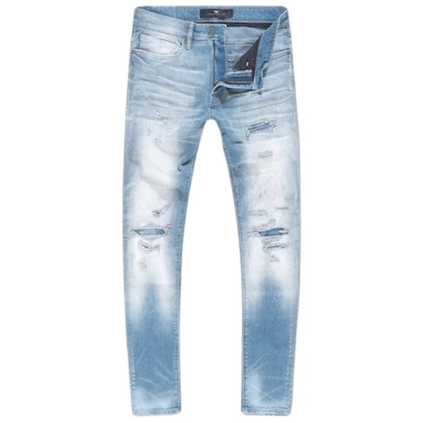 Sean Heartbreak Denim in Sea Storm wash with slim taper fit, rip-and-repair design, and unique distressing details