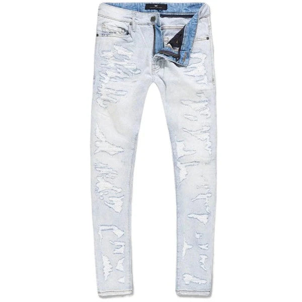 Extended-length flare denim pants with stacked leg, 3D baked wrinkles, and rip-and-repair detailing