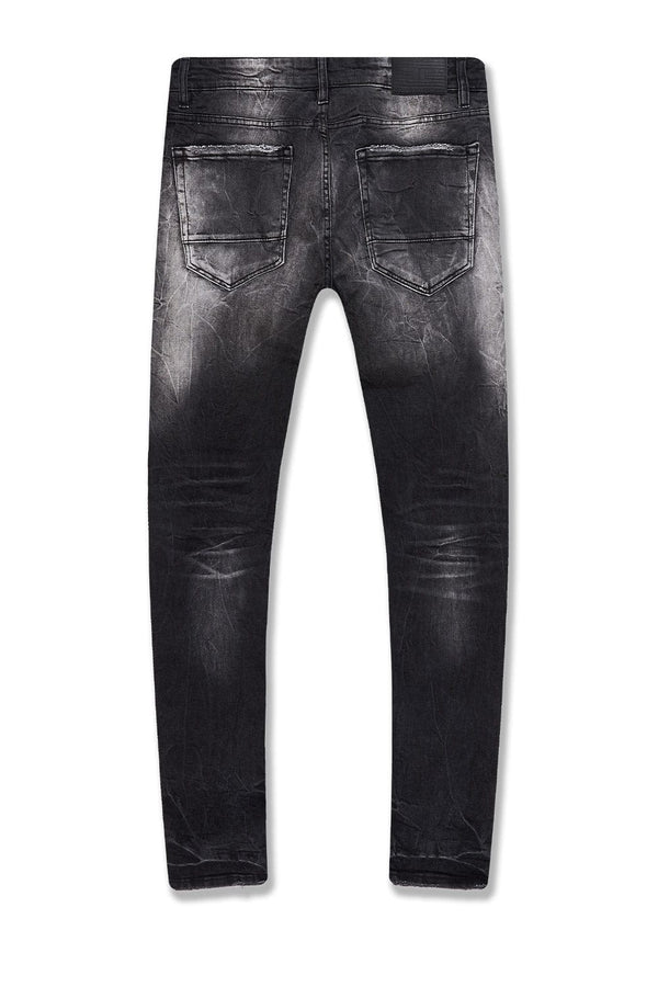 Sean Slim Taper Fit Jeans with super-stretch fabric, rip-and-repair detailing, and unique distressing