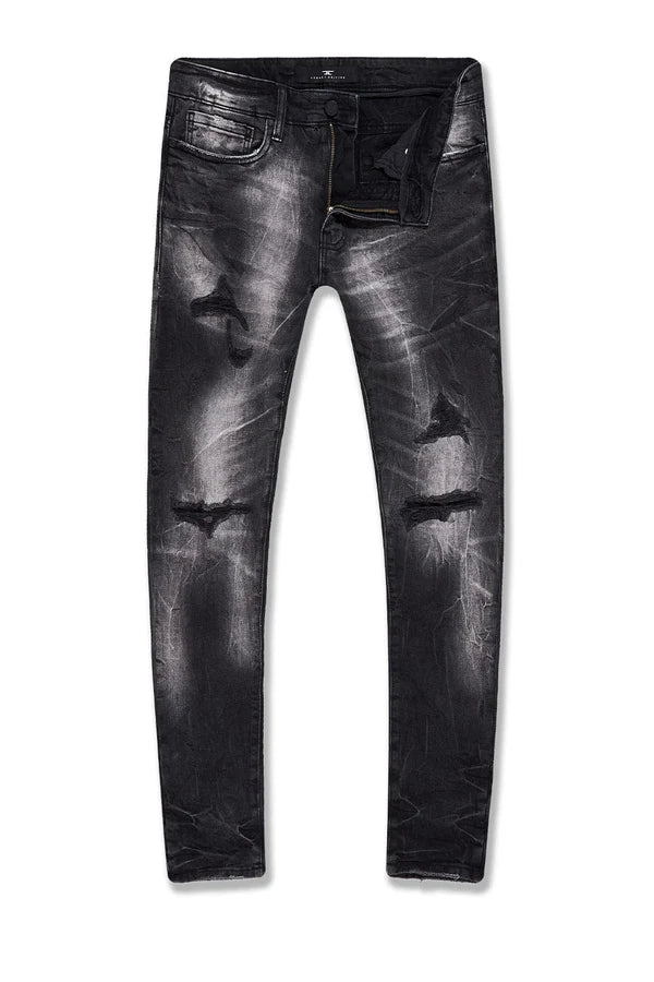 Sean Slim Taper Fit Jeans with super-stretch fabric, rip-and-repair detailing, and unique distressing