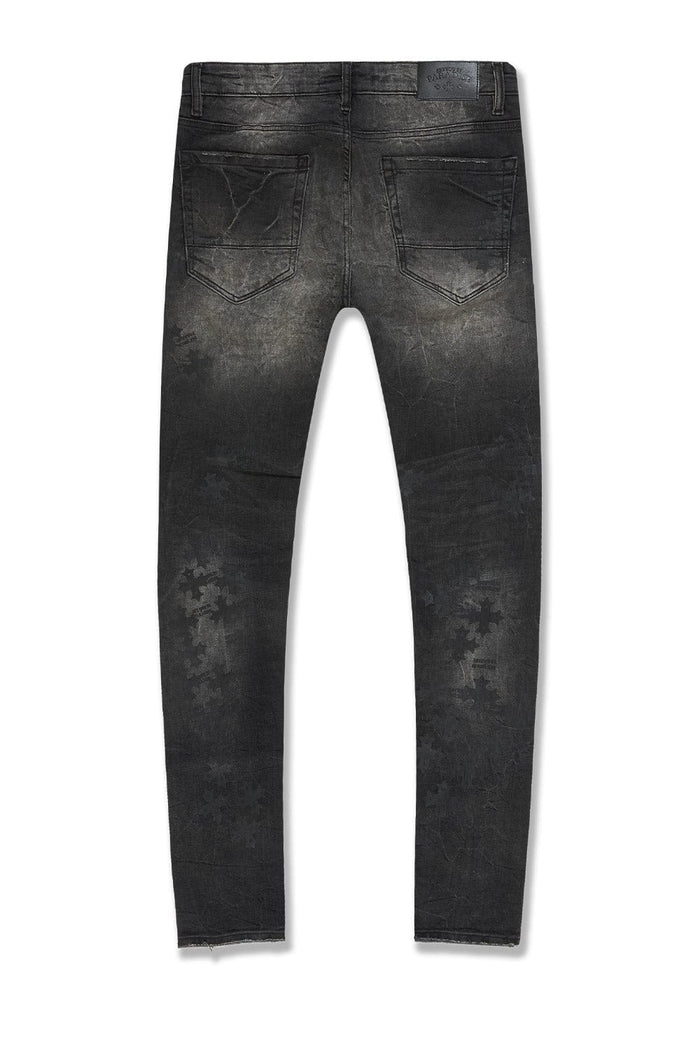 Sean Slim Taper Fit Jeans with “See You In Paradise” print, rip and repair design, and tapered leg.