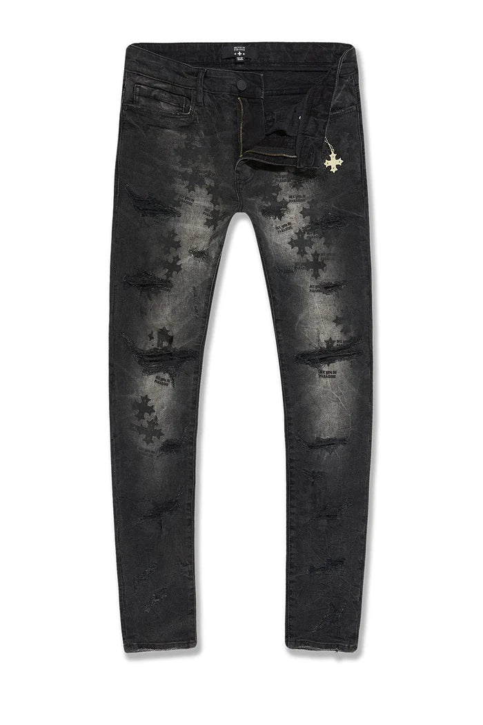 Sean Slim Taper Fit Jeans with “See You In Paradise” print, rip and repair design, and tapered leg.