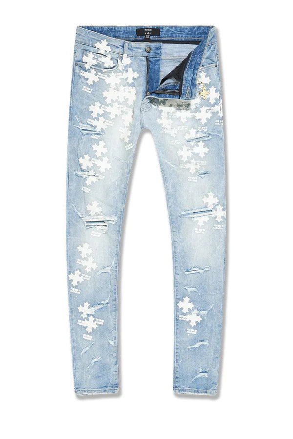 Sean Slim Taper Fit Jeans with “See You In Paradise” print, rip and repair design, and tapered leg.