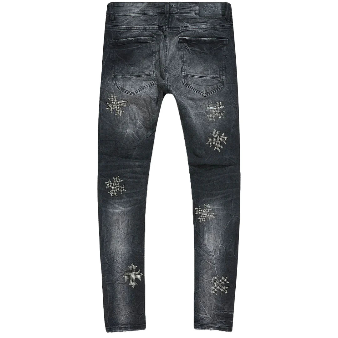 See You in Paradise Sean Rhinestone Pants JS2297 in black shadow wash with slim taper fit, rhinestone detailing, and rip & repair design.