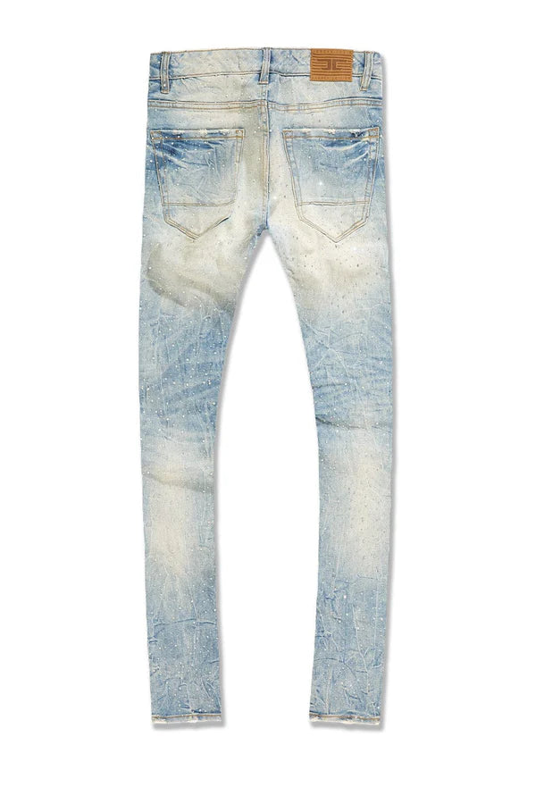 Magic City Denim super skinny jeans in Iced Lager with rhinestone embellishments, 3D wrinkles, and a tight, stretch fit.