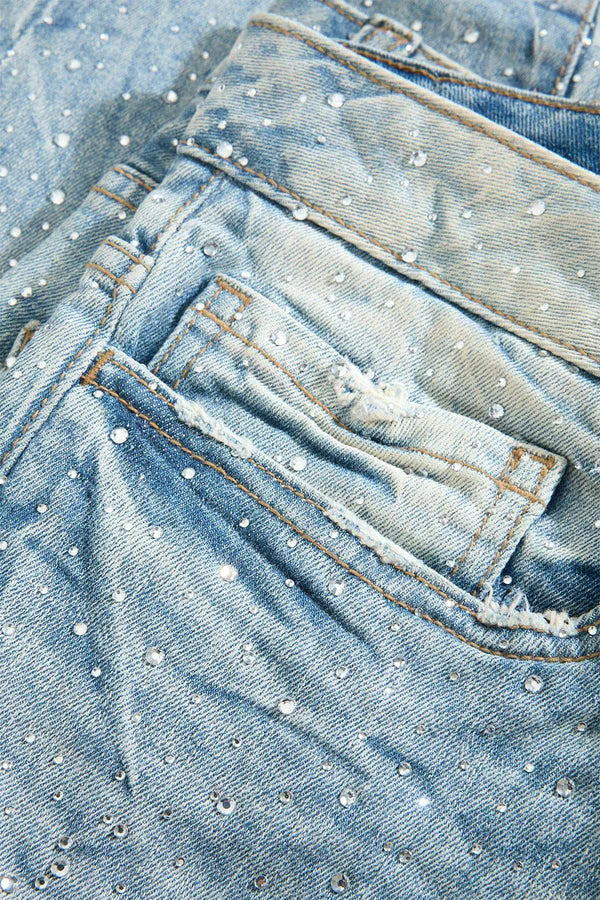 Magic City Denim super skinny jeans in Iced Lager with rhinestone embellishments, 3D wrinkles, and a tight, stretch fit.