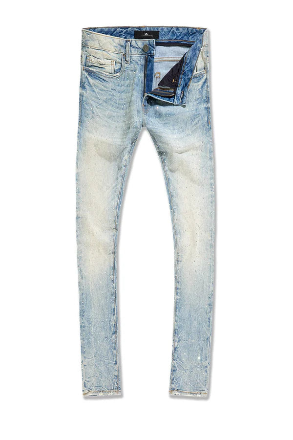 Magic City Denim super skinny jeans in Iced Lager with rhinestone embellishments, 3D wrinkles, and a tight, stretch fit.