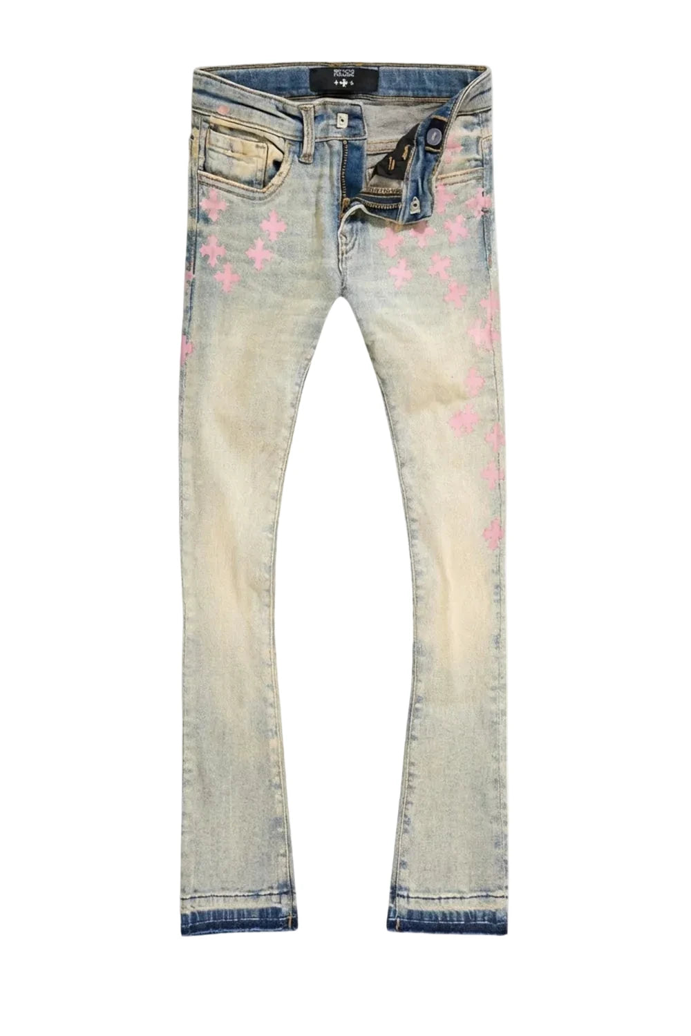 Jordan Craig super skinny stacked jeans in iced lager with rip and repair detailing, flared leg opening, and extended inseam for stacked streetwear fit