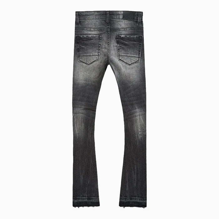 Jordan Craig Men's Attitude Stacked Denim Pant in Black Shadow with stacked leg silhouette, 3D baked wrinkles, and rip-and-repair detailing