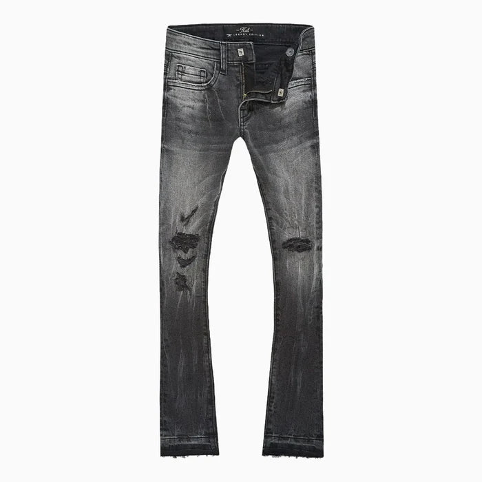 Jordan Craig Men's Attitude Stacked Denim Pant in Black Shadow with stacked leg silhouette, 3D baked wrinkles, and rip-and-repair detailing