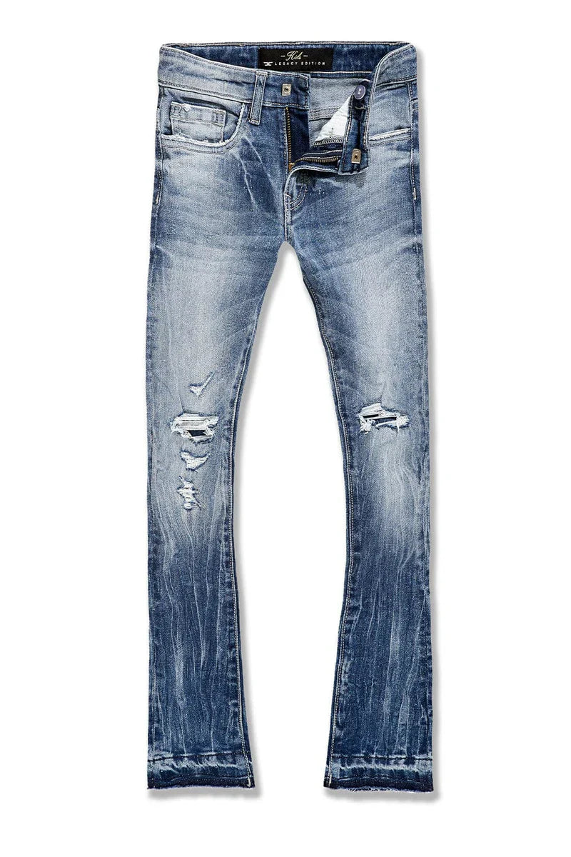 Extended-length flare denim pants with stacked leg, 3D baked wrinkles, and rip-and-repair detailing