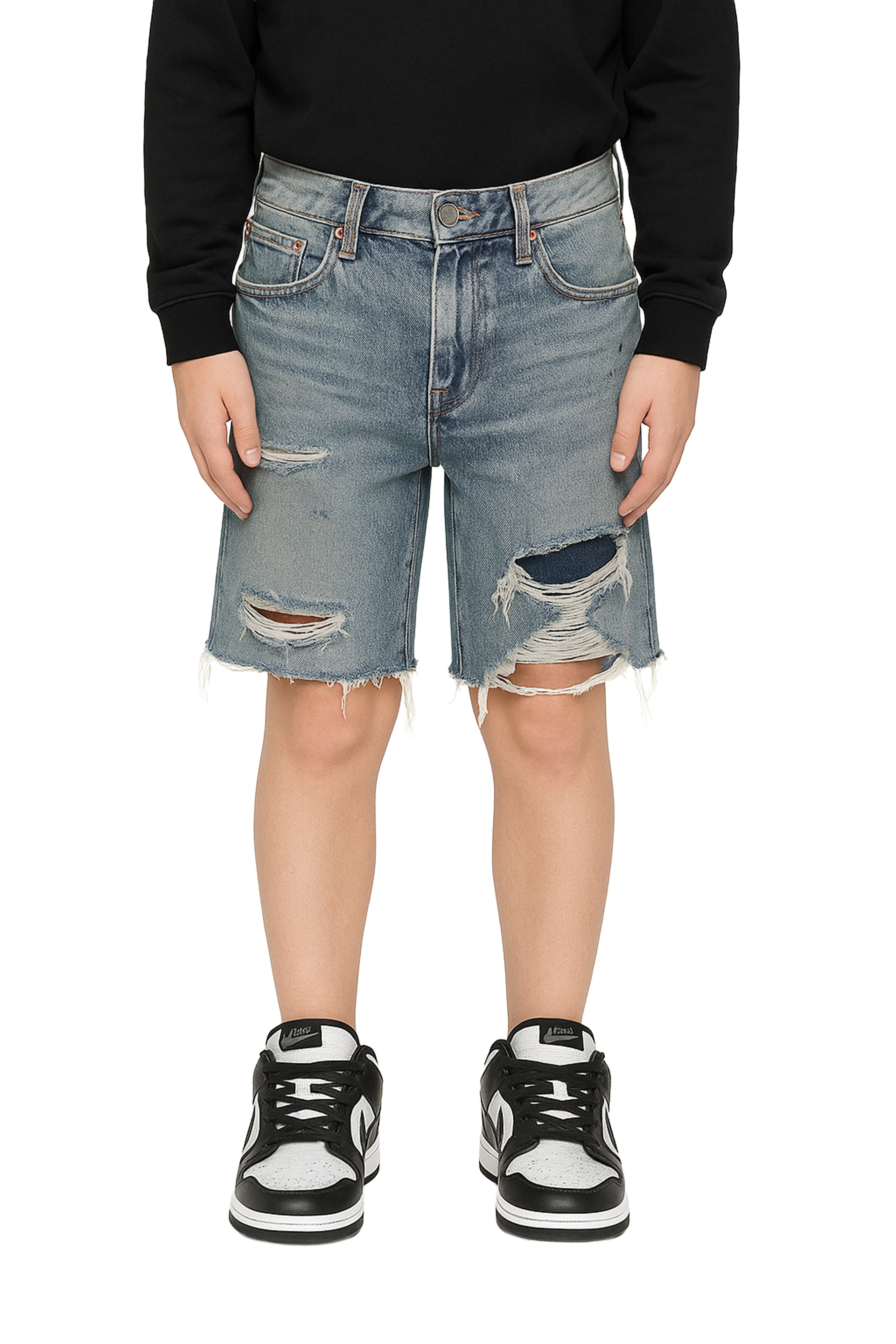 Purple Brand Kids Faros Rip Patched denim shorts in a light indigo wash featuring distressed rip and patch detailing for a modern streetwear look.
