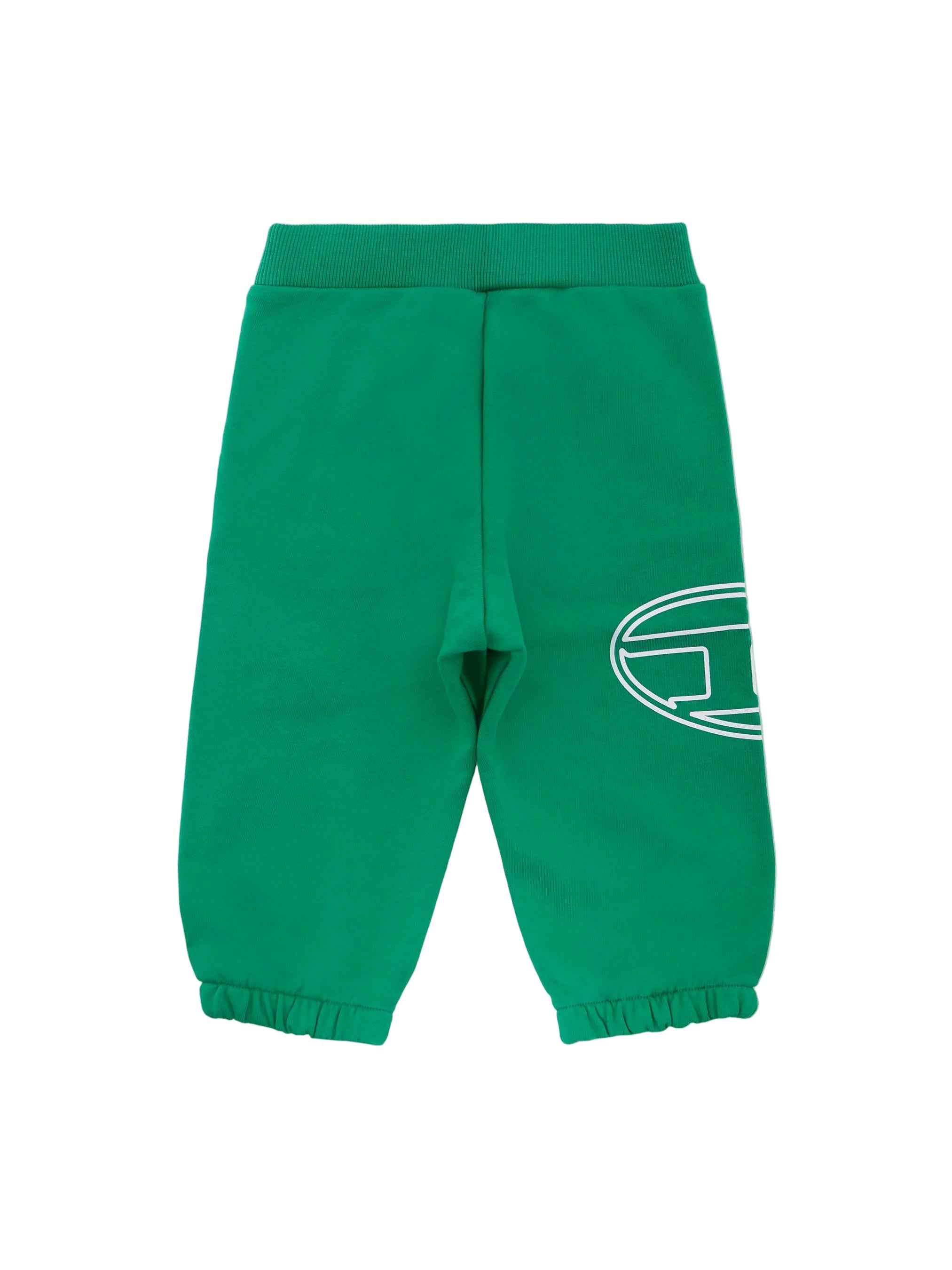 Diesel kids’ green brushed cotton trousers with elasticated waist, side pockets, elasticated ankles, and white logo print.