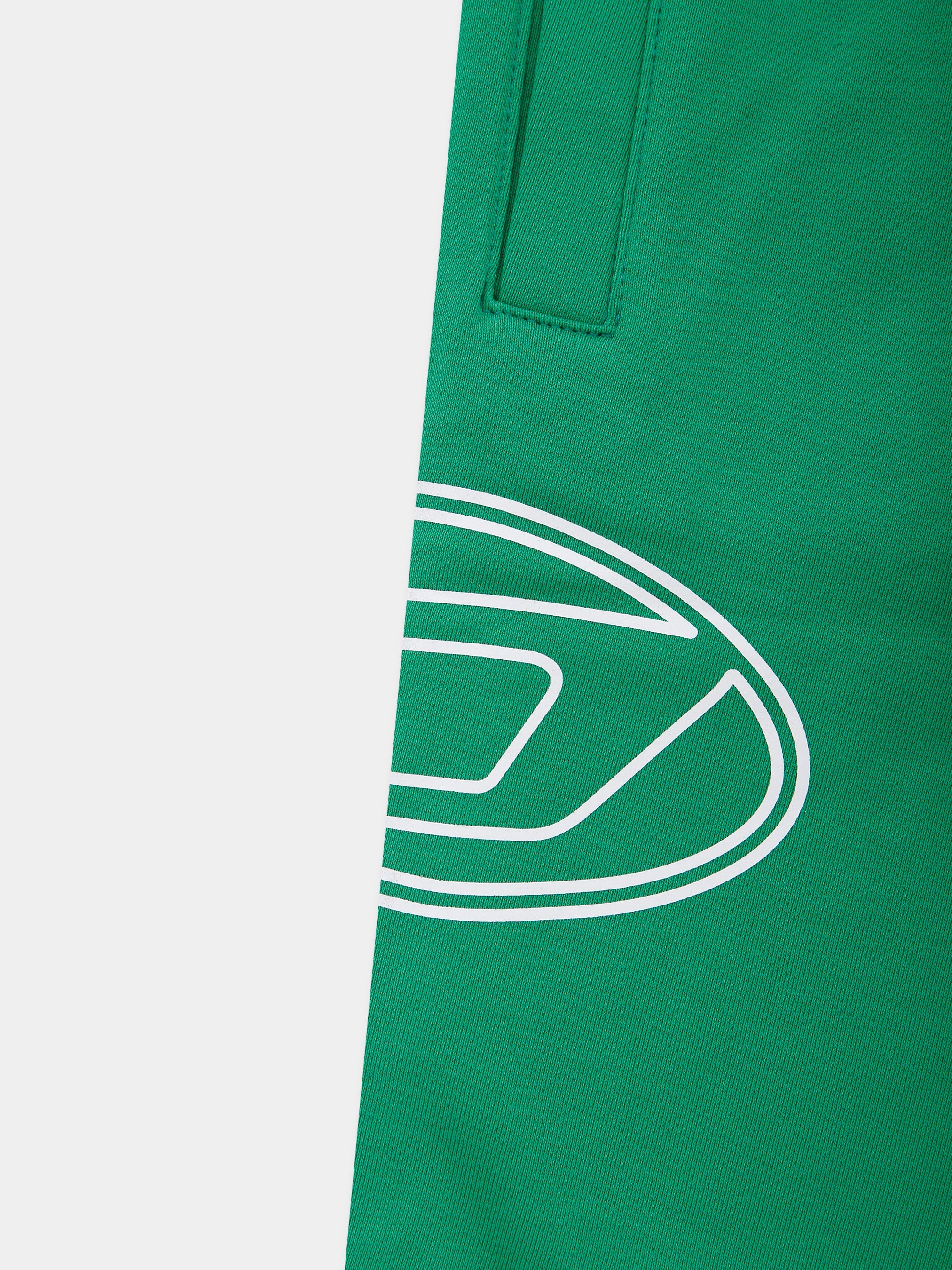 Diesel kids’ green brushed cotton trousers with elasticated waist, side pockets, elasticated ankles, and white logo print.