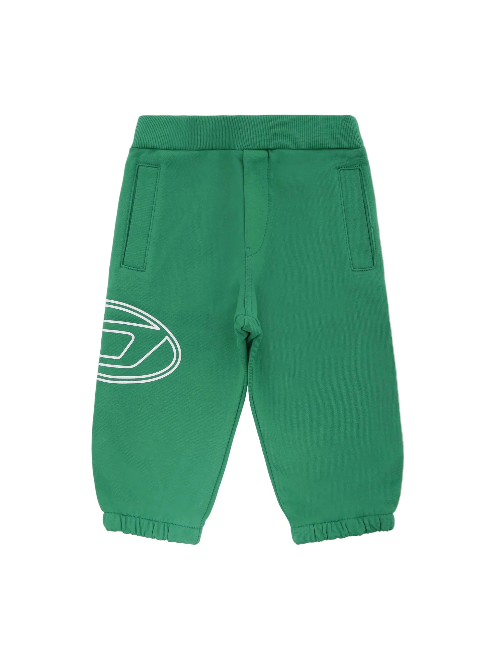 Diesel kids’ green brushed cotton trousers with elasticated waist, side pockets, elasticated ankles, and white logo print.