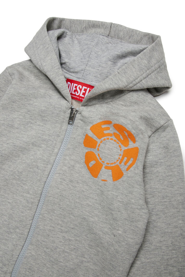 Diesel baby hoodie with zip closure, hooded collar, ribbed cuffs, and logo detail on chest.