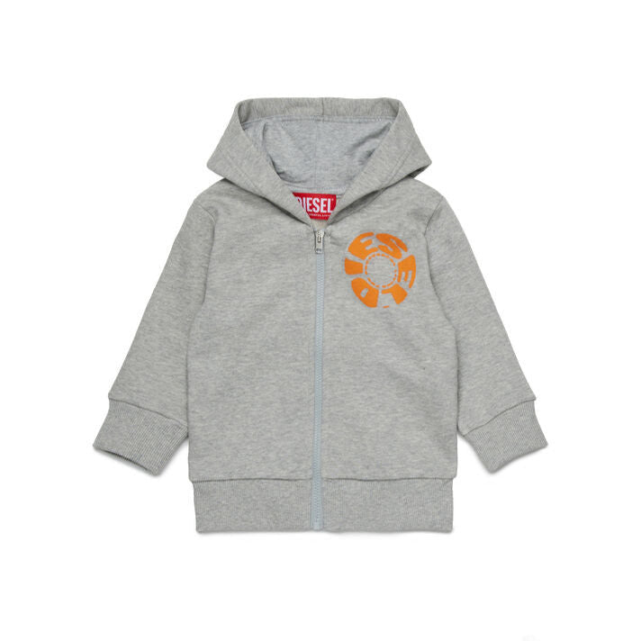 Diesel baby hoodie with zip closure, hooded collar, ribbed cuffs, and logo detail on chest.
