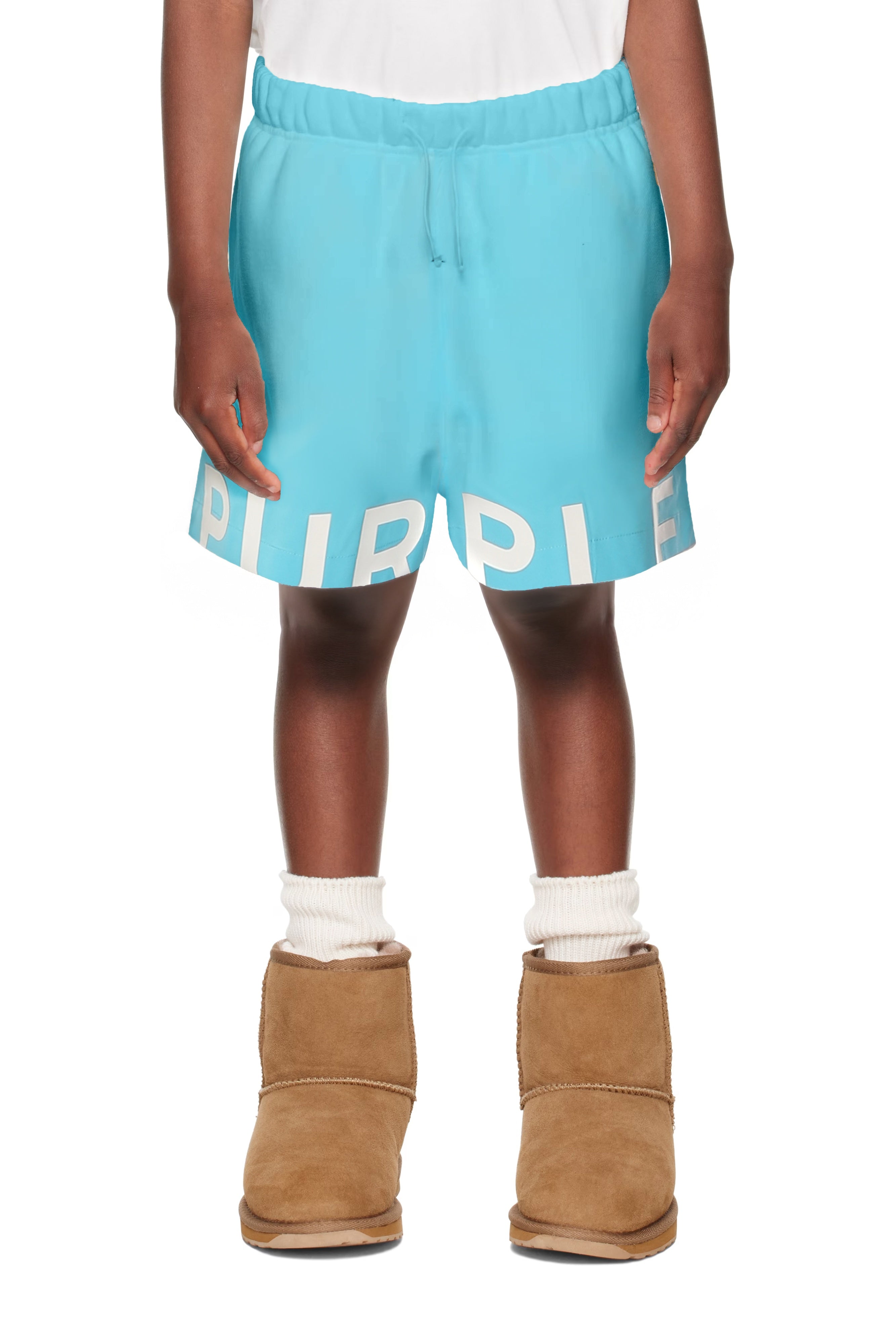 Purple Brand White Label shorts with silicone print, elastic waistband, and water-repellent woven polyester fabric
