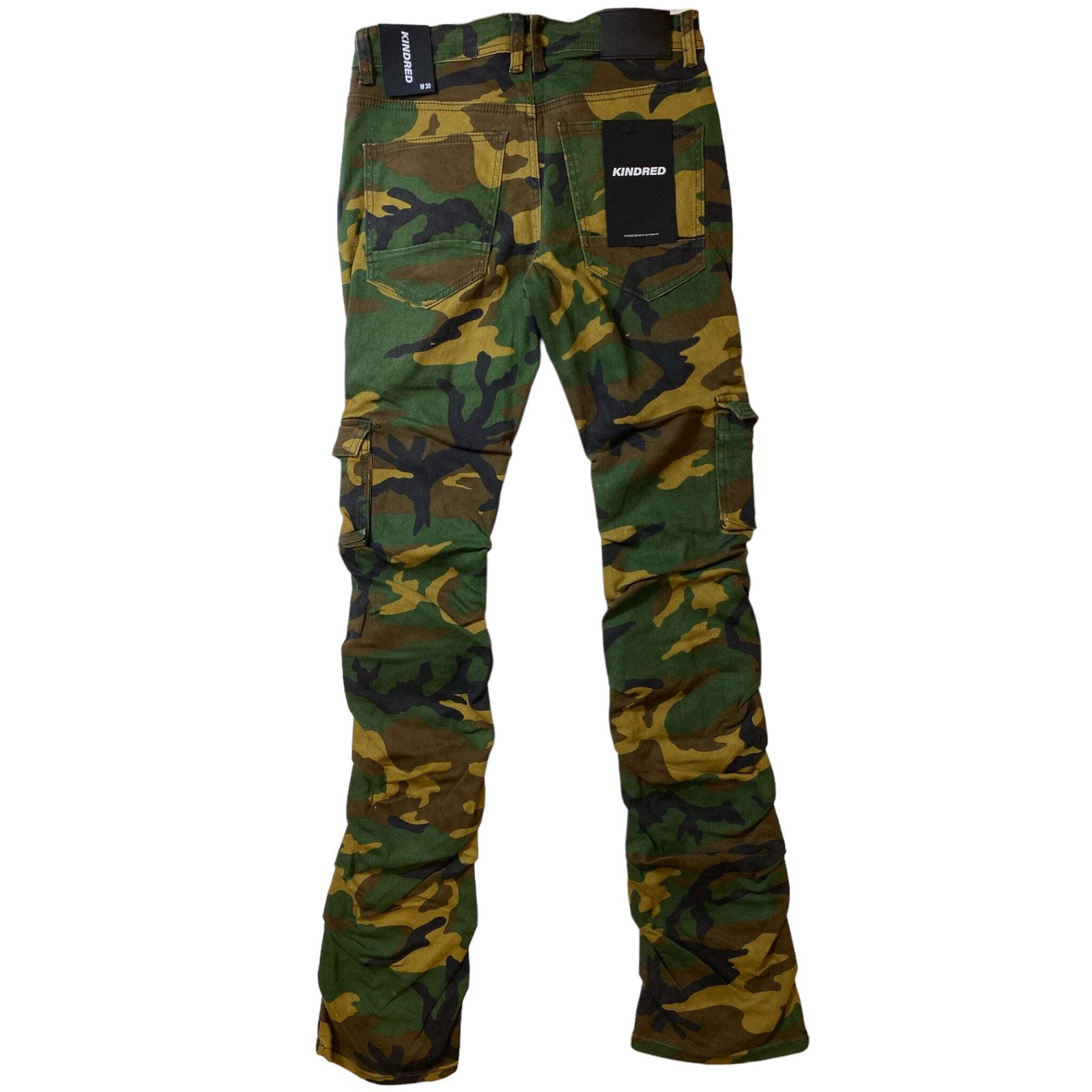 Kindred Stacked Jeans in green camo with stacked fit and durable denim construction.
