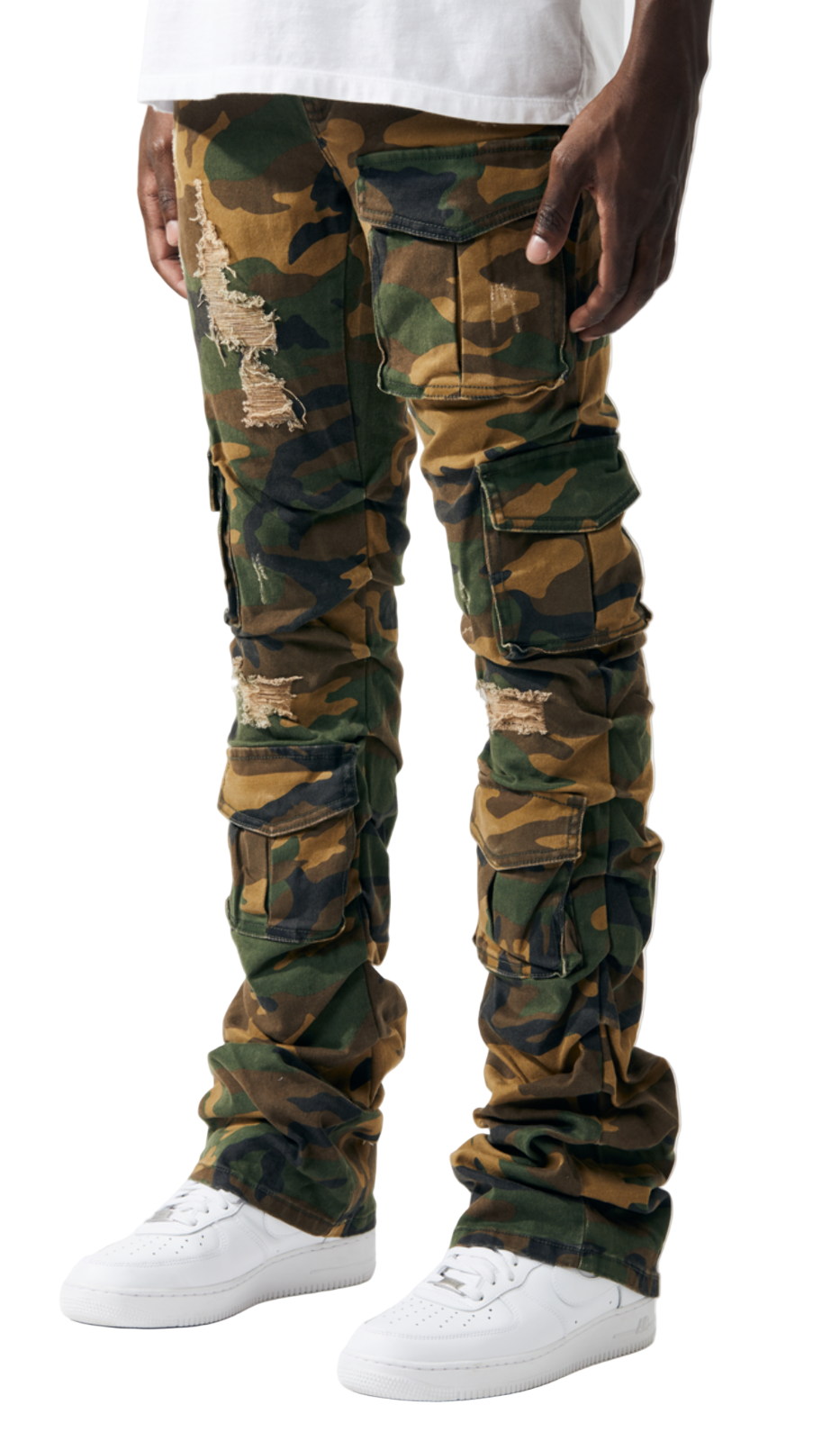 Kindred Stacked Jeans in green camo with stacked fit and durable denim construction.