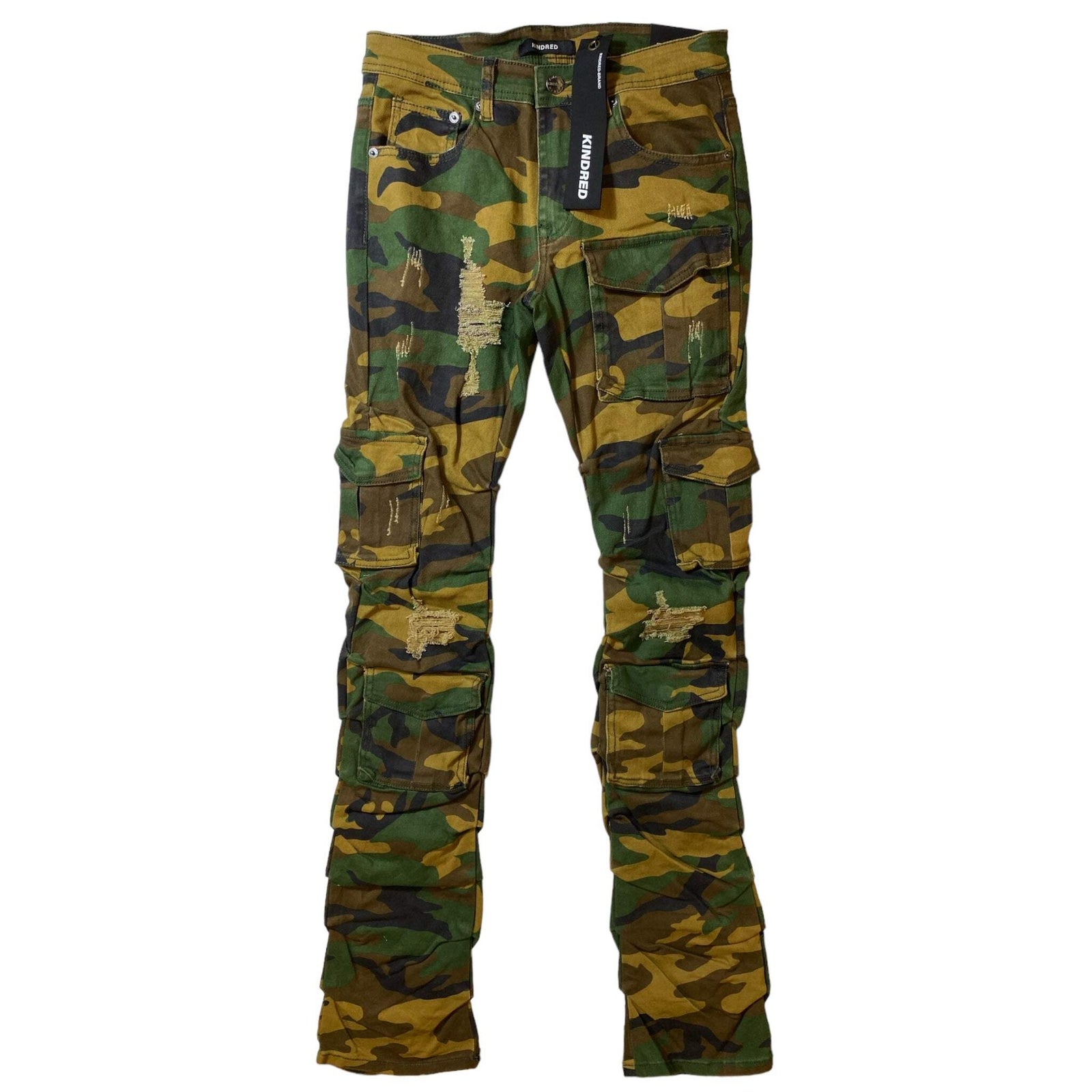 Kindred Stacked Jeans in green camo with stacked fit and durable denim construction.