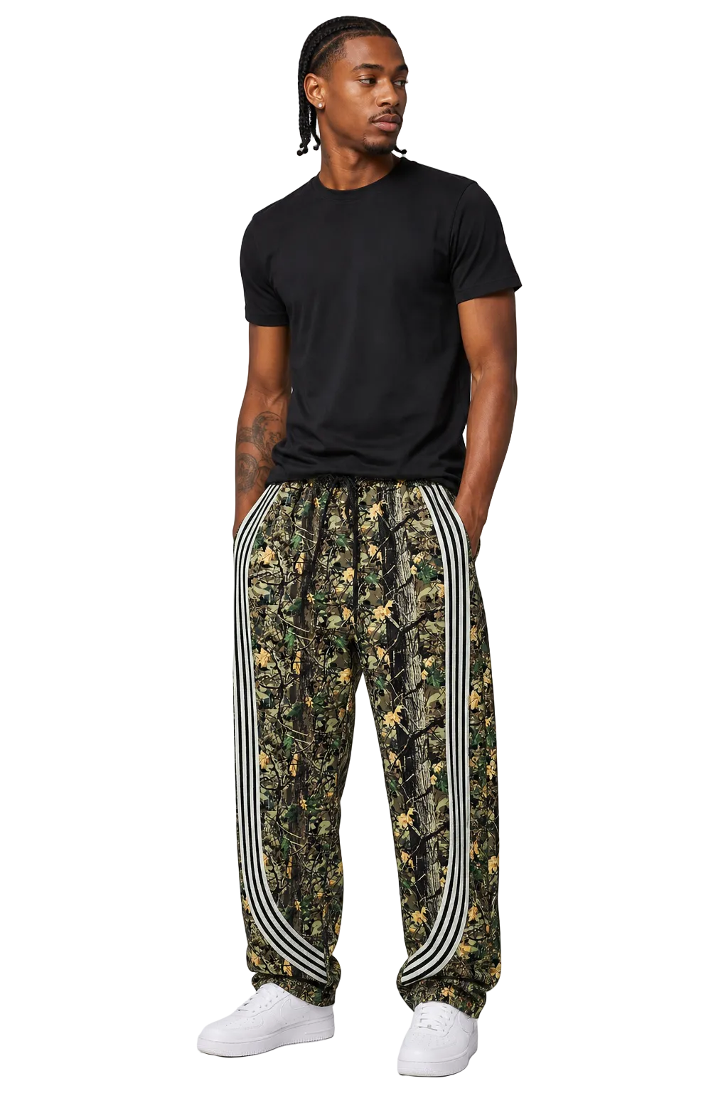 Vintage camo nylon relax pants with stripe detail
