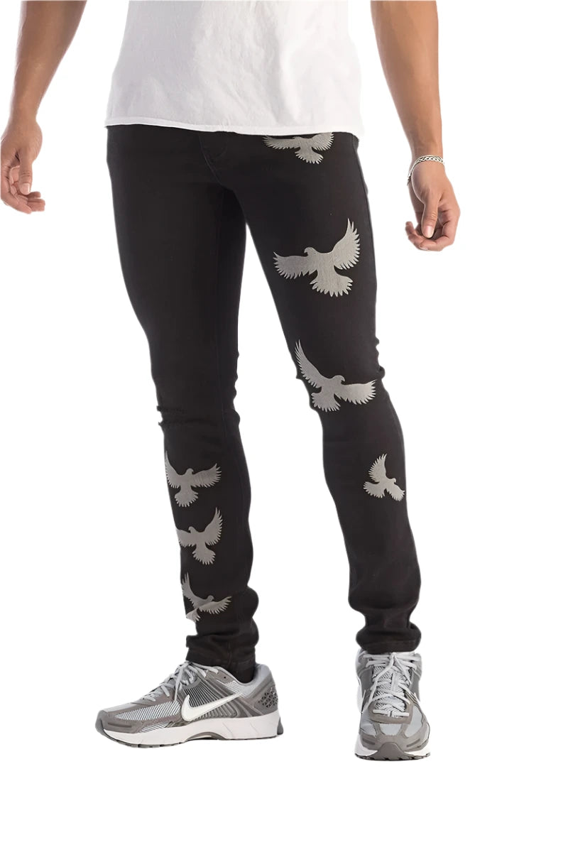 Jet Black Kindred Bird Denim Pants with signature bird detailing (KD2200JTBLK).