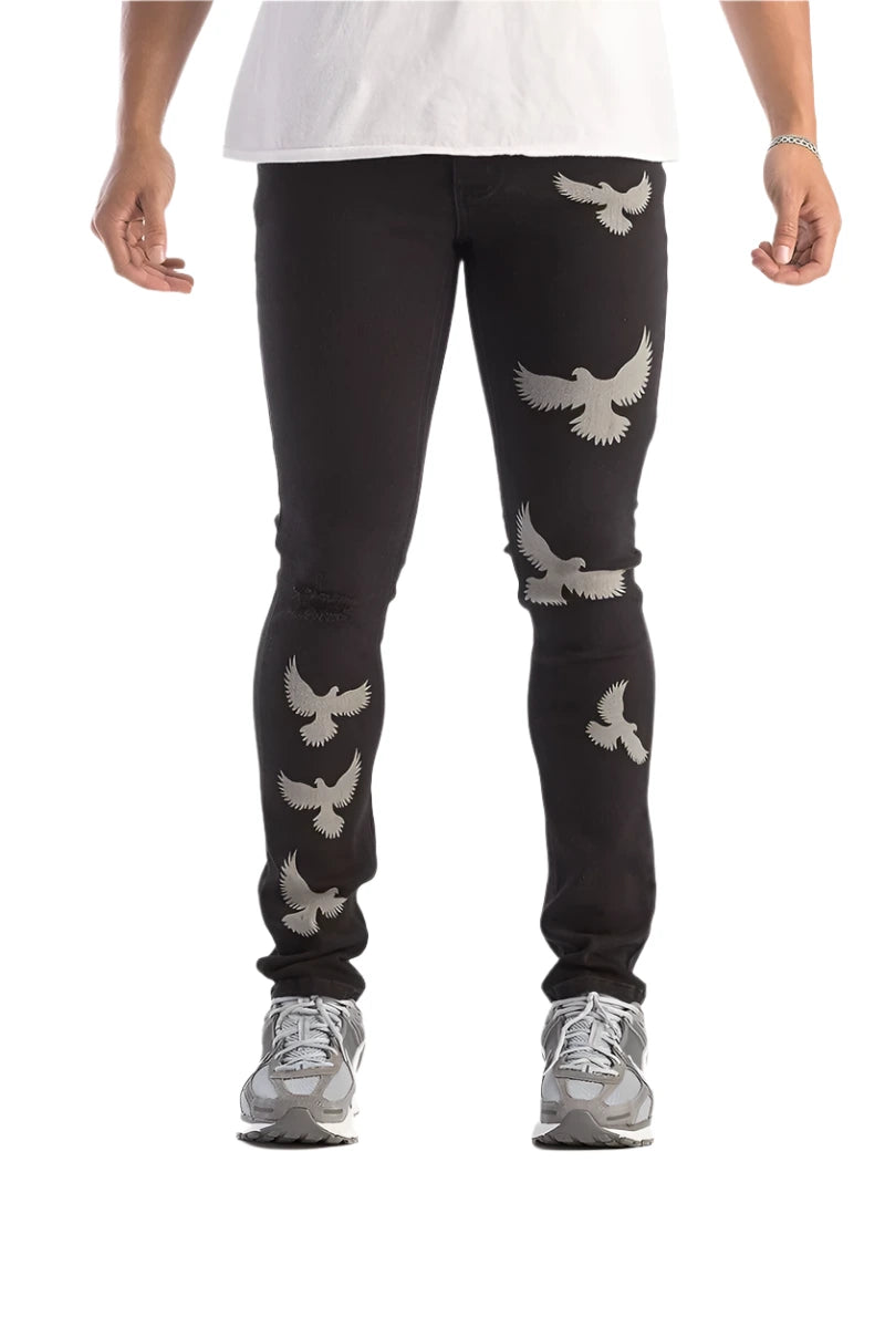 Jet Black Kindred Bird Denim Pants with signature bird detailing (KD2200JTBLK).