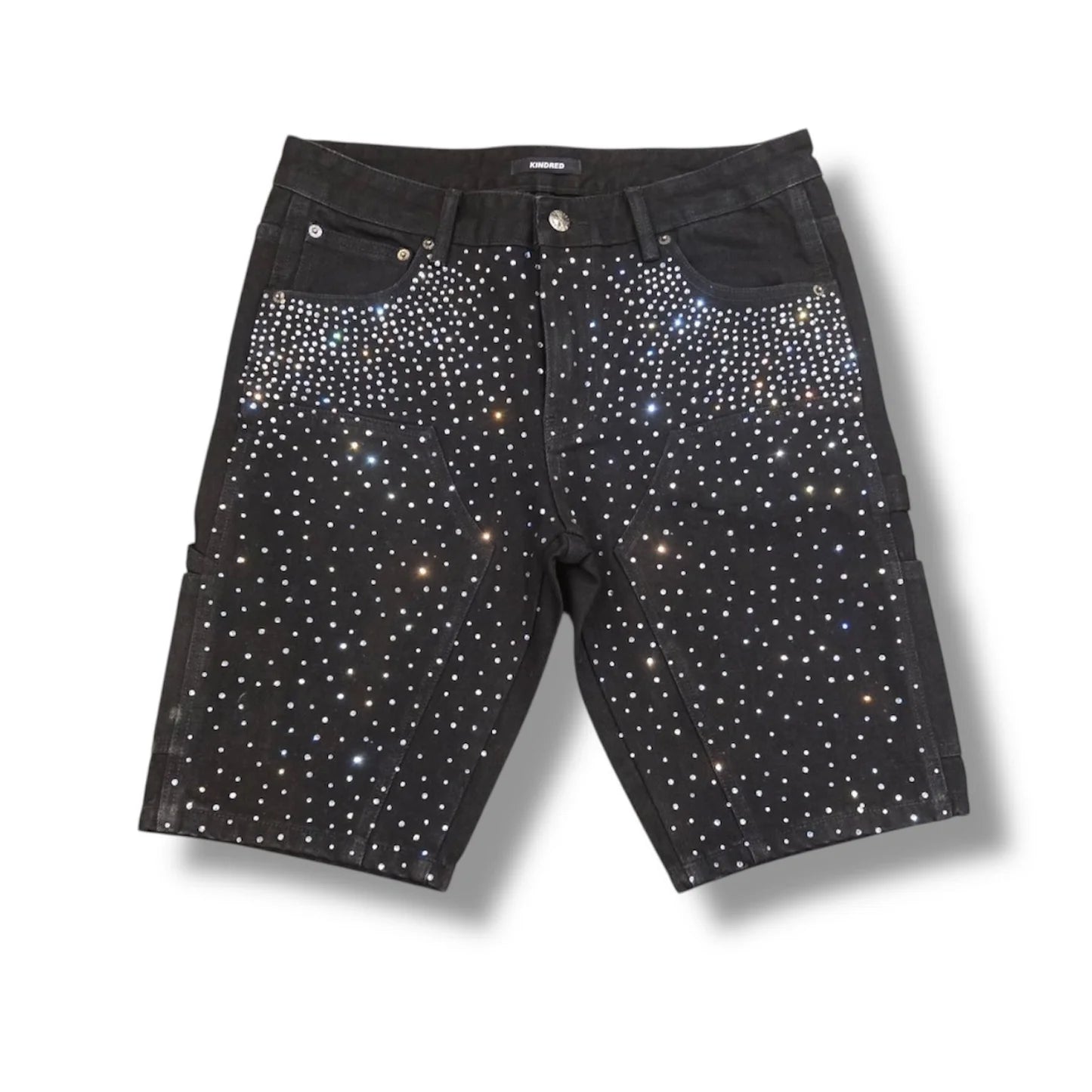  Black high-rise denim shorts with rhinestone accents and light distressing, style KD2213BLK.