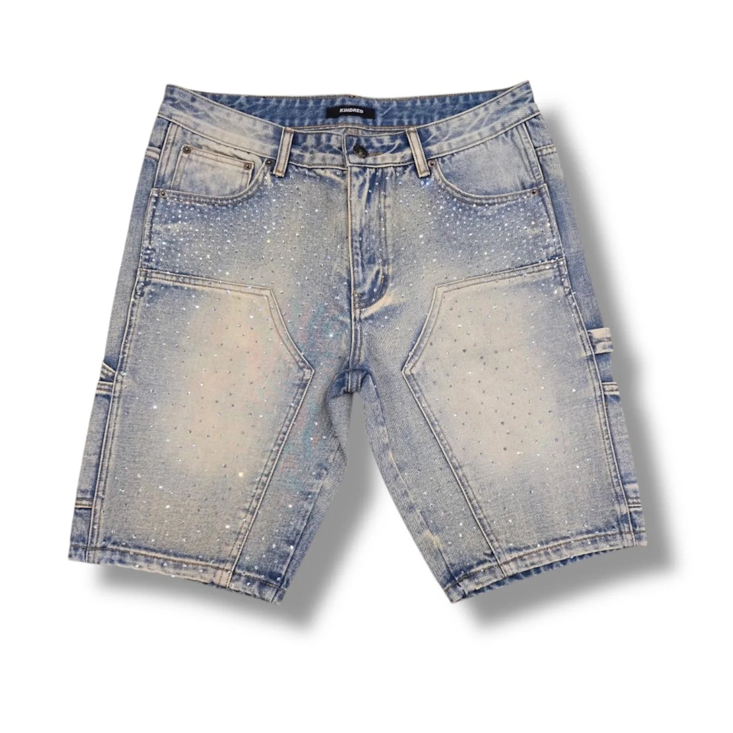  Blue high-waisted denim shorts with rhinestone detailing and light distressed hems.