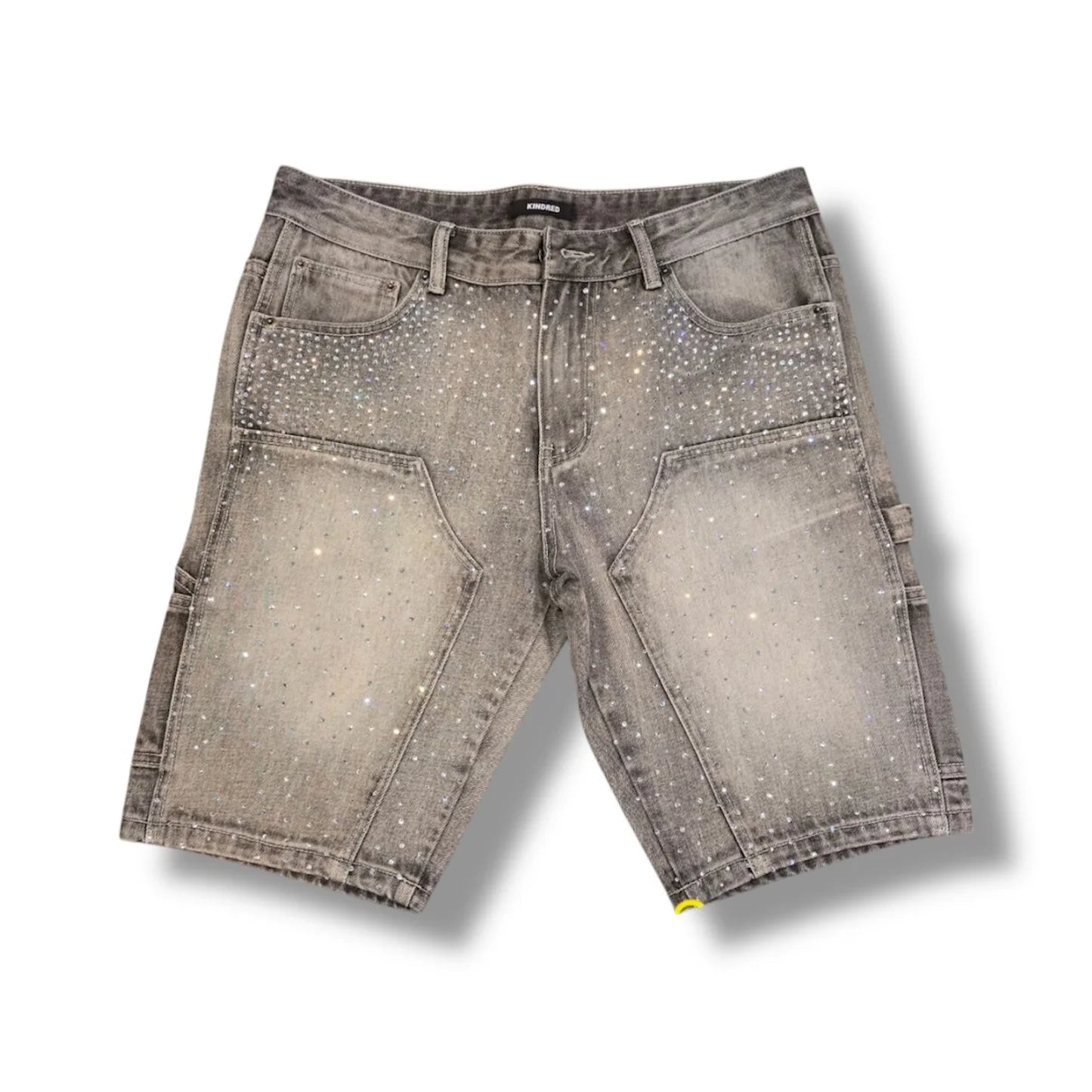  Grey distressed denim shorts with rhinestone embellishments and a high-waisted fit.