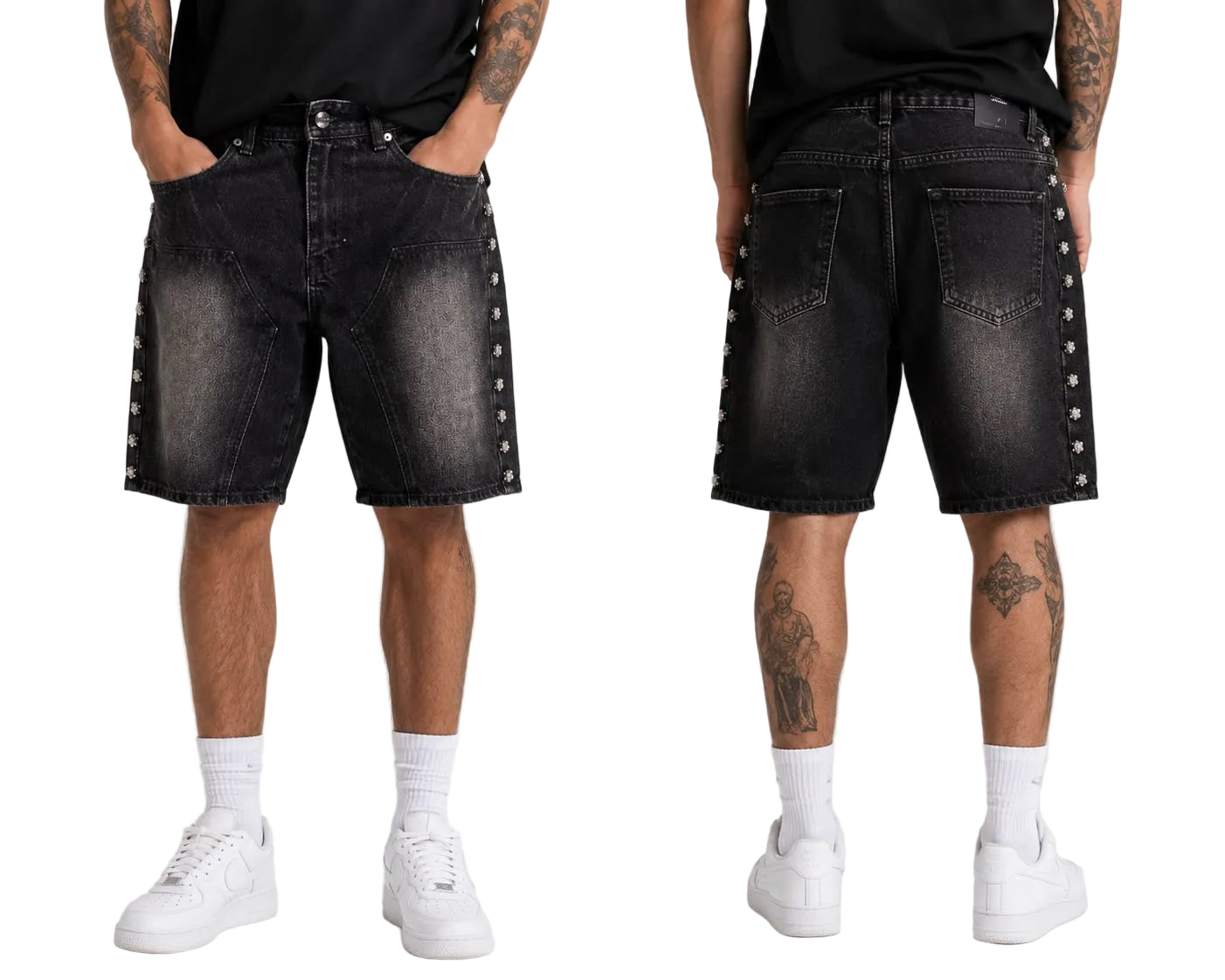 Male model wearing Kindred Skull Stud Denim Shorts in black with blackT-shirt and sneakers