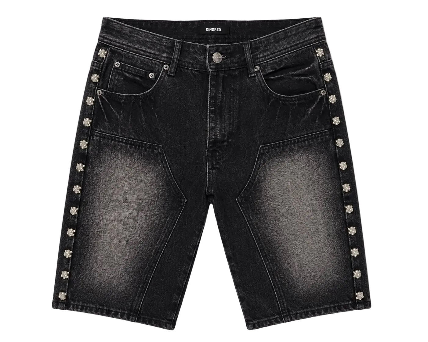 Kindred Skull Stud Denim Shorts in black with washed finish and metallic side-stud detailing, front view