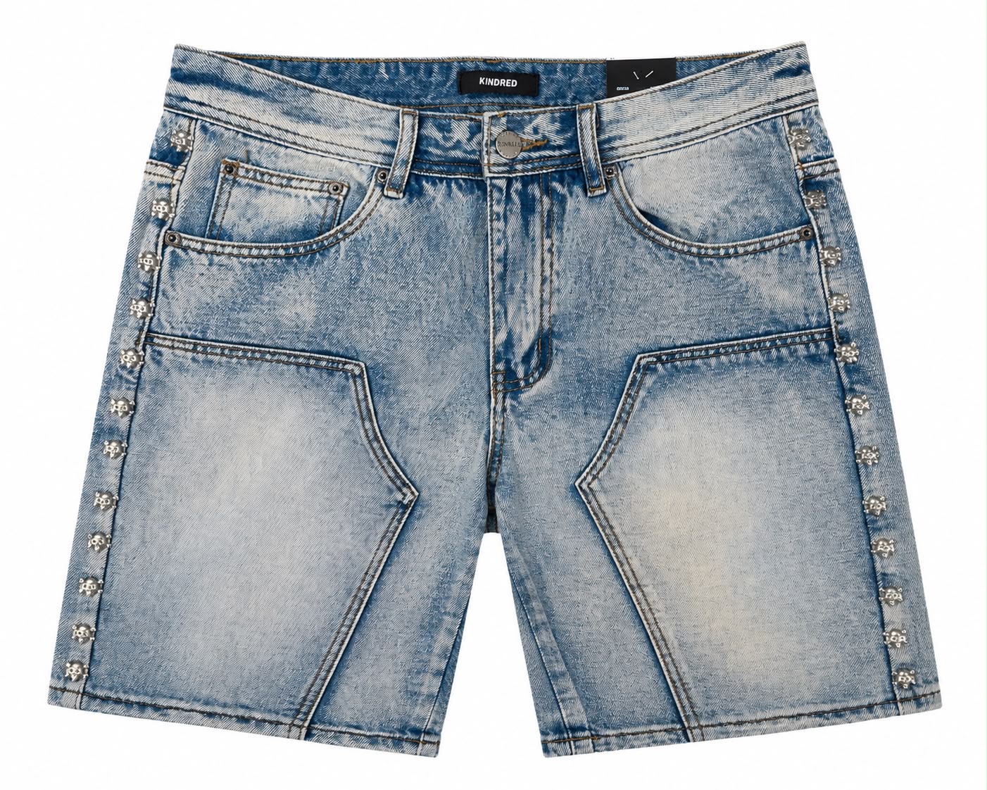 KD Skull Stud Denim Shorts in blue with washed finish and metallic side-stud detailing, front view