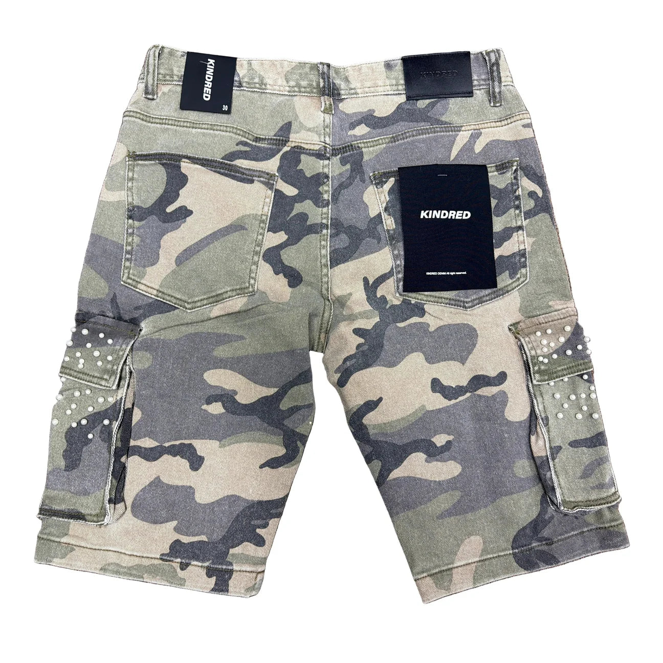 KINDRED camo denim shorts with rhinestone detailing and streetwear-inspired rugged design