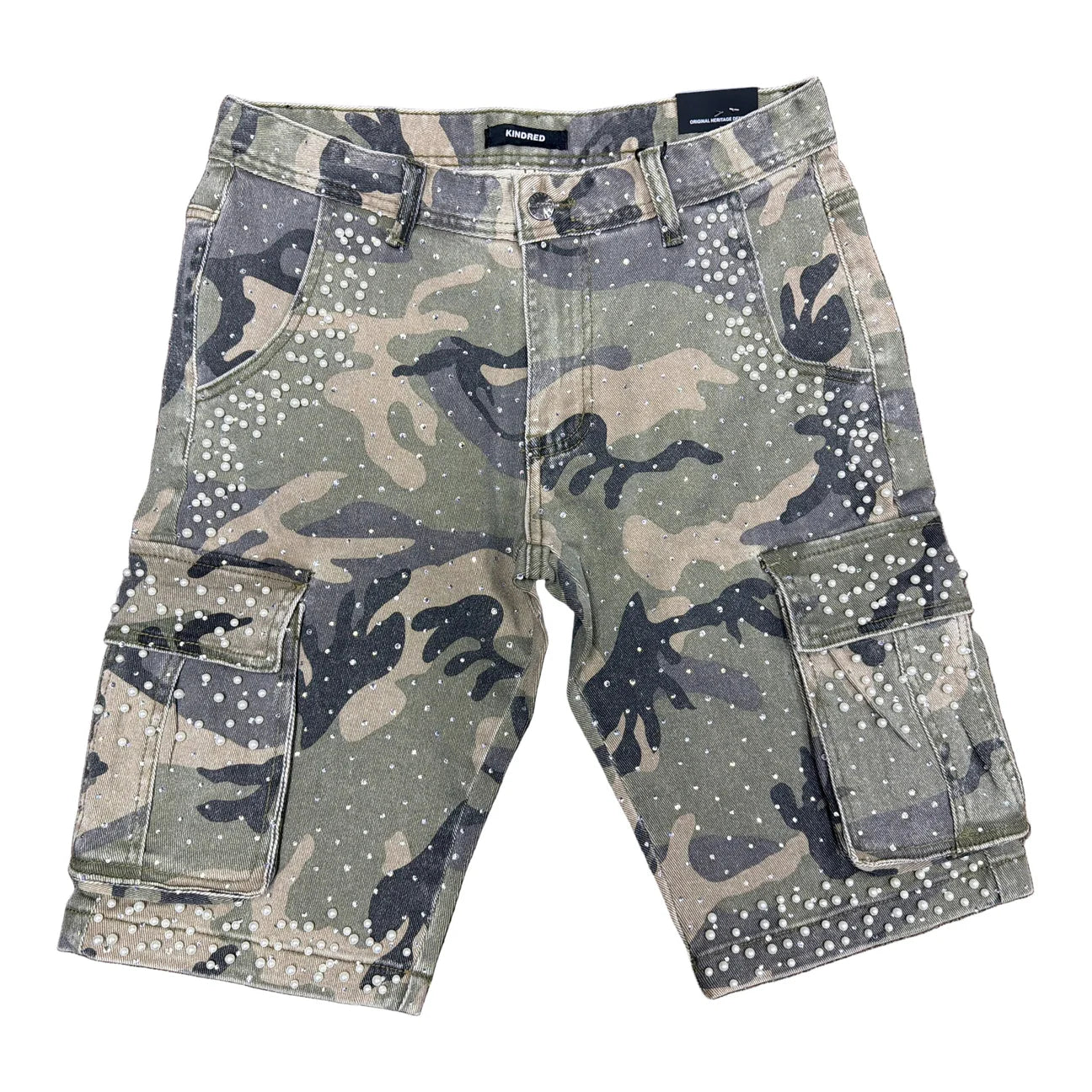 KINDRED camo denim shorts with rhinestone detailing and streetwear-inspired rugged design