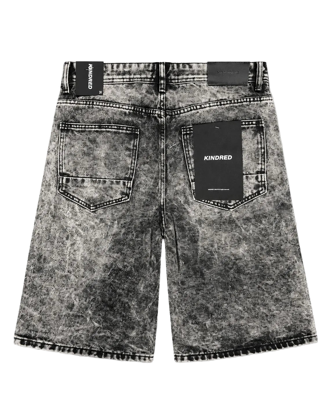 Kindred Patch Denim Shorts in black sand acid wash with racing patches and front script graphic